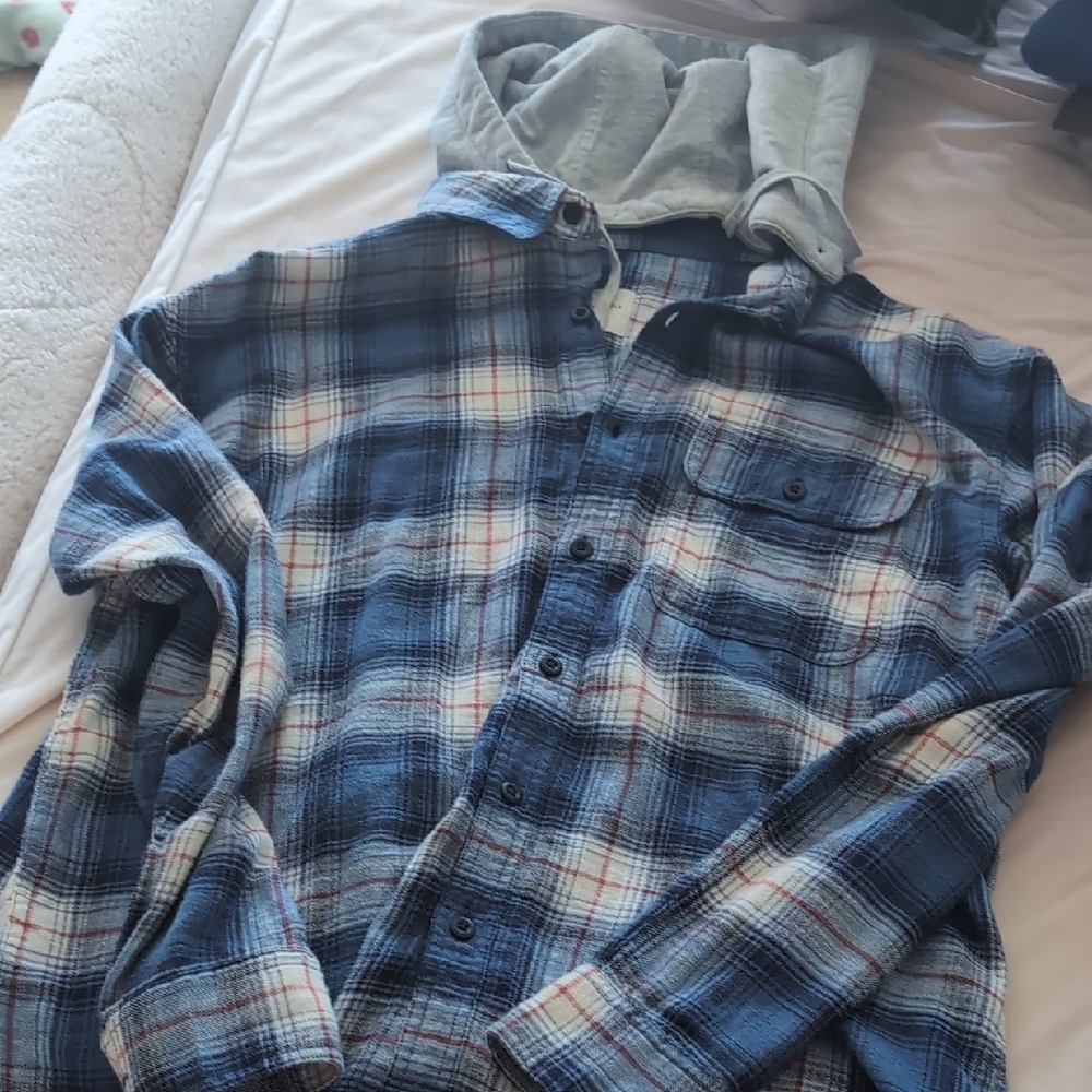 American Eagle Outfitters Blue Plaid Button Down Shirt with Gray Hood